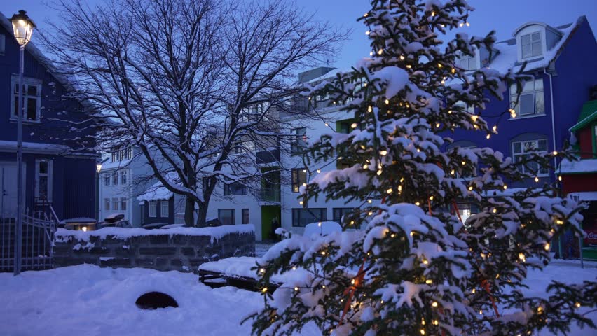 View of colourful city centre street and Christmas tree in Reykjavik in winter, Reykjavik, Iceland