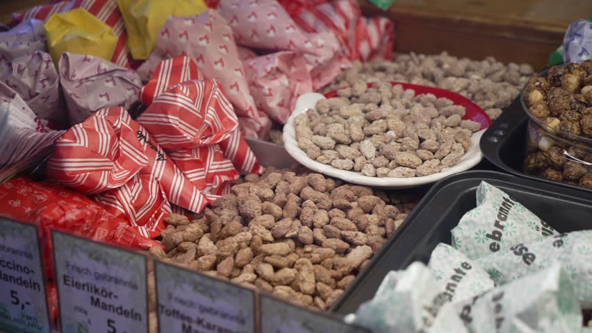 Close up of various nuts on market stall at Christmas, Wittenbergplatz, Berlin, Germany
