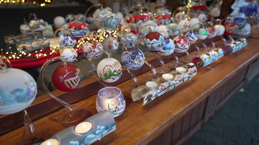 Christmas decorations on Christmas market stall on Rathausstrasse in winter, Mitte, Berlin, Germany