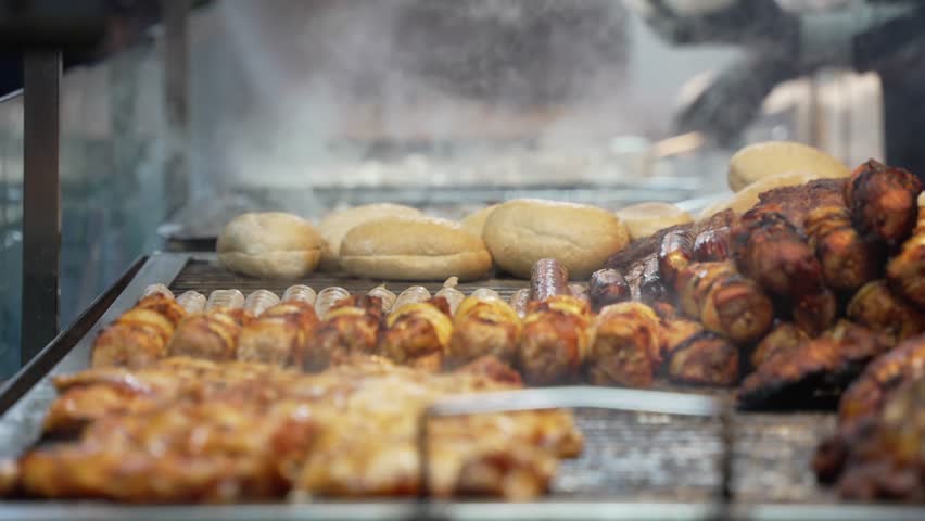Hot food on market stall on Carl-Schurz-Strasse in Spandau, Berlin, Germany