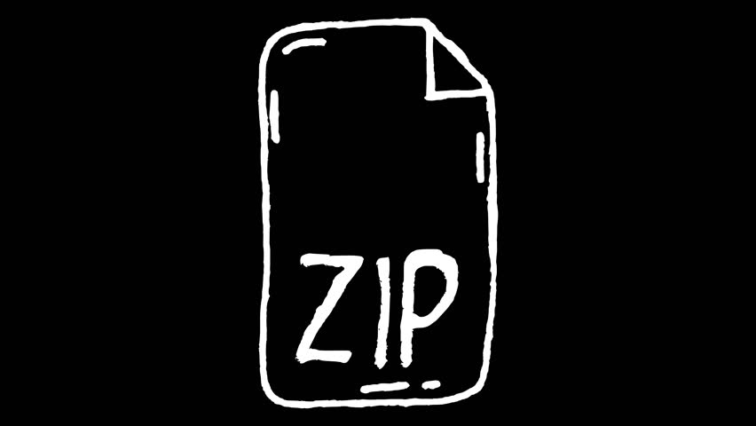This is a motion graphic animation of a white wiggly hand drawn digital ZIP file format icon, on alpha transparent background, on loop