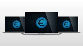 Laptop computer portable device with digital money for web. Realistic laptop monitor with Euro coin symbol in screen and light gradient background. - Powered by Shutterstock - Get 15% off with code: PIKWIZARD15