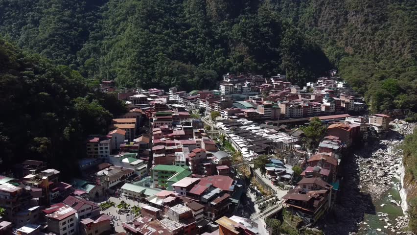 Aguas Calientes Peru town Urubamba River Valley aerial drone South America