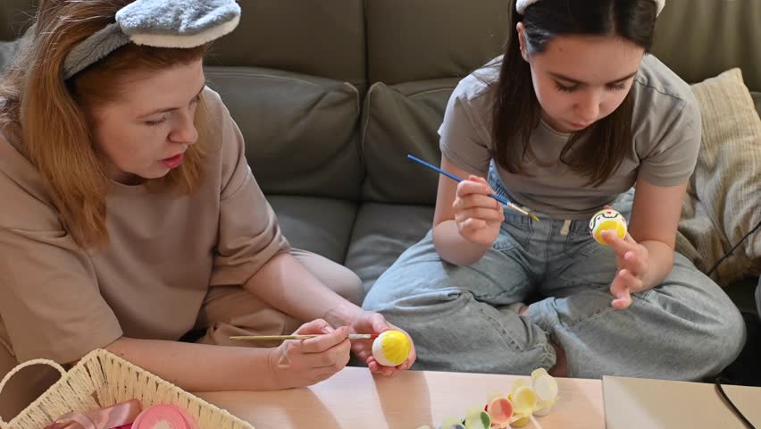 Teen girl wearing bunny ears carefully painting an Easter egg with a brush. Mother holding another egg nearby.