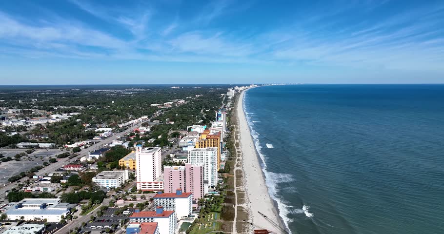 Drone view of sunny and colorful city of Myrtle Beach, South Carolina