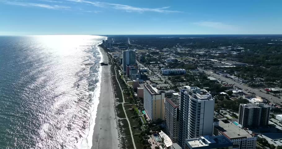 Drone view of downtown Myrtle Beach, South Carolina skyline and beaches