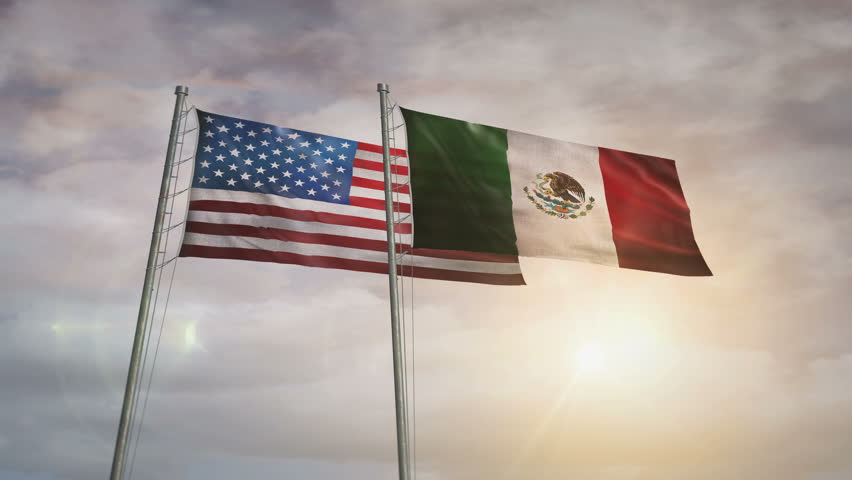 Mexico and USA waving flags. Mexican and American banners blowing in the wind animation.