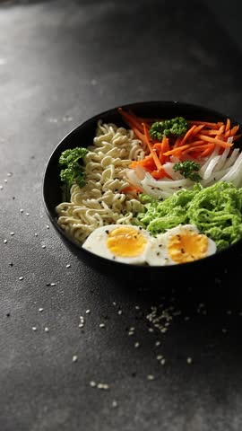 budda bowl noodles vegetables salad tasty fresh delicious gourmet food background table rustic food top view copy space keto and paleo diet vegetarian and vegan food