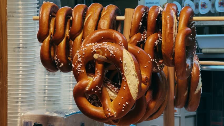 Pretzels close-up. A pretzel weighs on a counter at a food market. High quality 4k footage