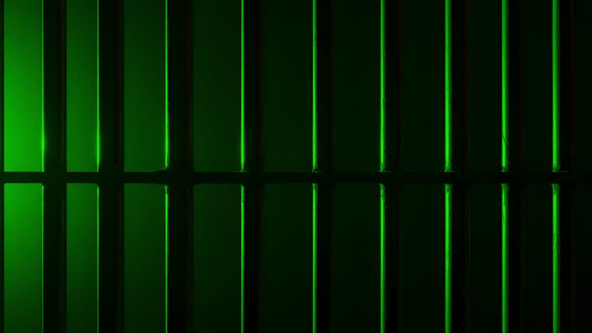 Prison Cell Bars Casting Shadows: Symbolizing Confinement and Loss of Freedom. metal prison cell bars casting shadows on the floor, representing themes of incarceration, confinement