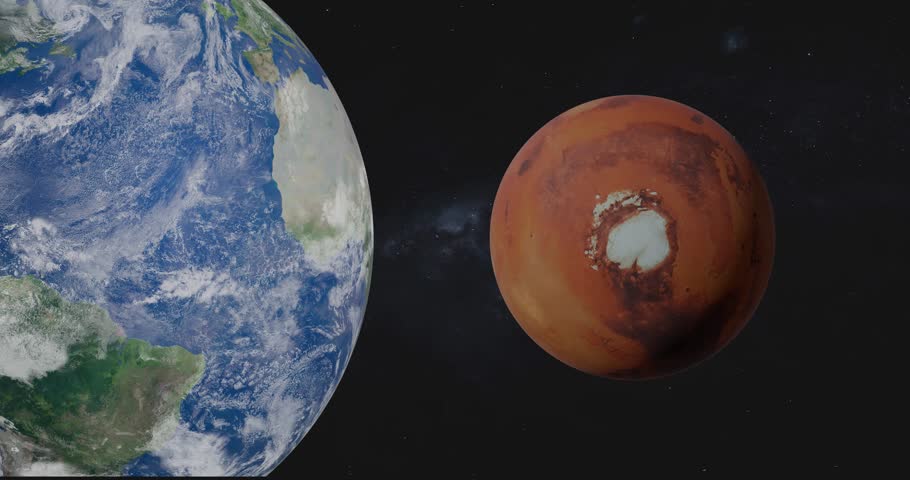 3D looped video featuring Earth and Mars in space, showcasing their exaggerated size comparison. Simplified comparison. Elements of this footage were furnished by NASA