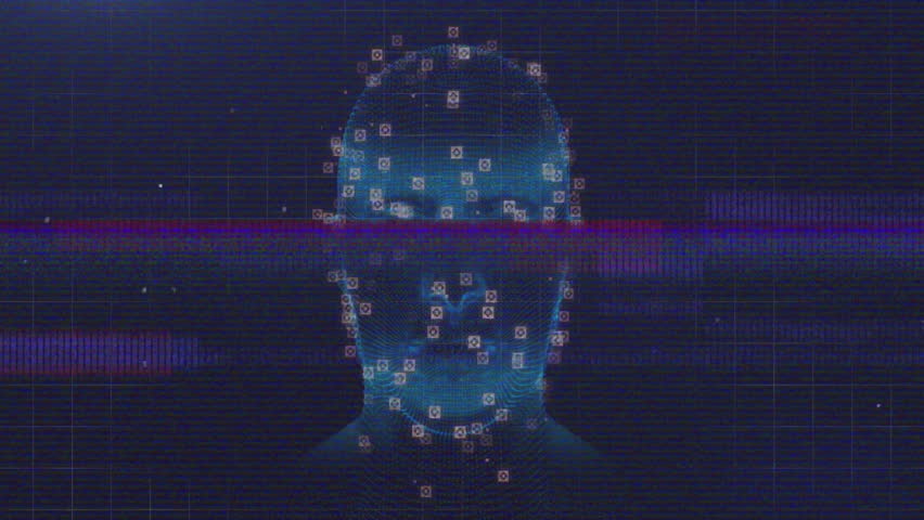 Animation of digital face recognition with data points on blue grid background. Biometrics, technology, artificial intelligence, security, identification, innovation - Powered by Shutterstock - Get 15% off with code: PIKWIZARD15