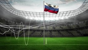 Animation of Russian flag waving over soccer stadium with data lines. Sports, technology, analytics, national, competition, event - Powered by Shutterstock - Get 15% off with code: PIKWIZARD15