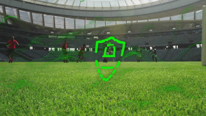 Green digital lock animation over football stadium field during daytime. Security, technology, protection, sports, cybersecurity - Powered by Shutterstock - Get 15% off with code: PIKWIZARD15