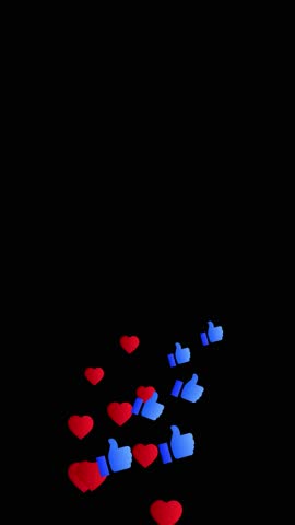 Floating of blue likes icons and red hearts isolated on black screen. Social media reactions.