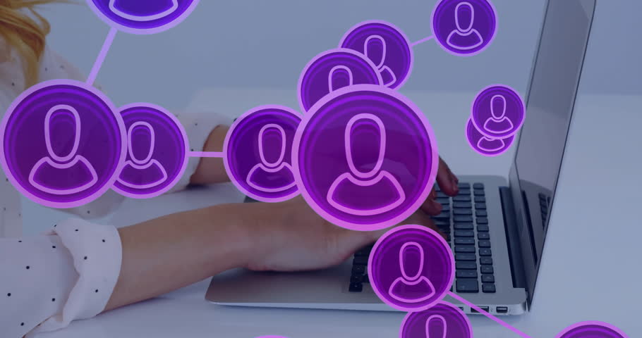 Hands typing on laptop with purple network icons overlay animation. Technology, digital, networking, connection, communication, internet