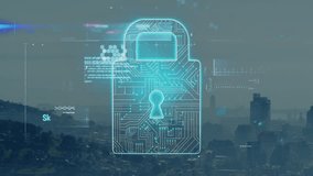 Digital lock animation over cityscape, highlighting data security and encryption. Cybersecurity, technology, data protection, information technology, urban, innovation - Powered by Shutterstock - Get 15% off with code: PIKWIZARD15