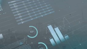 Displaying financial data analysis with graphs and charts over cityscape animation. Analytics, data visualization, technology, infographic, business, skyline - Powered by Shutterstock - Get 15% off with code: PIKWIZARD15