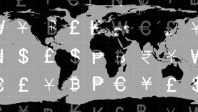 Animation of world map with currency symbols overlaying continents in grayscale. Finance, global, economy, international, business, trade - Powered by Shutterstock - Get 15% off with code: PIKWIZARD15