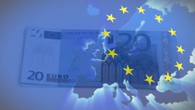 Overlaying animation of euro banknotes and EU flag stars on European Union map. Currency, finance, economy, banking, monetary, investment - Powered by Shutterstock - Get 15% off with code: PIKWIZARD15