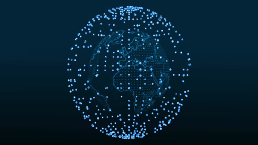 Animation of world map with glowing blue dots and lines showing global connections. networking, technology, digital, communication, international, futuristic
