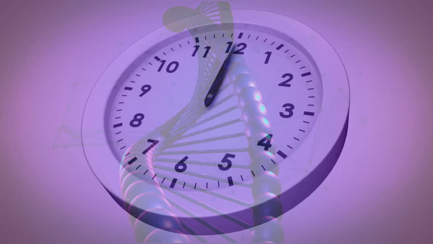 DNA strand and clock face symbolizing genetic research and time in animation. Genetics, molecular, biology, innovation, science, analysis - Powered by Shutterstock - Get 15% off with code: PIKWIZARD15