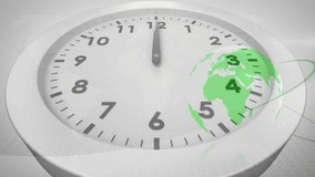 Clock face with world map animation overlay, showing 12 o'clock time. Timekeeping, globalization, universal, concept, international, geography - Powered by Shutterstock - Get 15% off with code: PIKWIZARD15