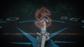Compass needle pointing at glowing dollar sign with digital animation elements. Finance, navigation, innovation, direction, economy, technology - Powered by Shutterstock - Get 15% off with code: PIKWIZARD15