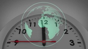 Animation of clock face with world map overlay showing global connection concept. Time, globalization, connectivity, network, international, technology - Powered by Shutterstock - Get 15% off with code: PIKWIZARD15