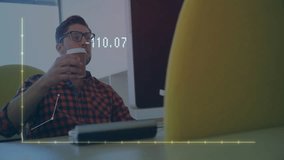 Man drinking coffee with financial graph animation over office scene. Business, finance, technology, analytics, corporate, productivity - Powered by Shutterstock - Get 15% off with code: PIKWIZARD15