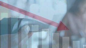 Declining graph animation over person using smartwatch for contactless payment. Technology, finance, decline, transaction, digital, innovation - Powered by Shutterstock - Get 15% off with code: PIKWIZARD15