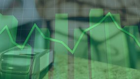 Green line graph animation over blurred outdoor garden scene with plants. Growth, analytics, data, finance, success, environment - Powered by Shutterstock - Get 15% off with code: PIKWIZARD15