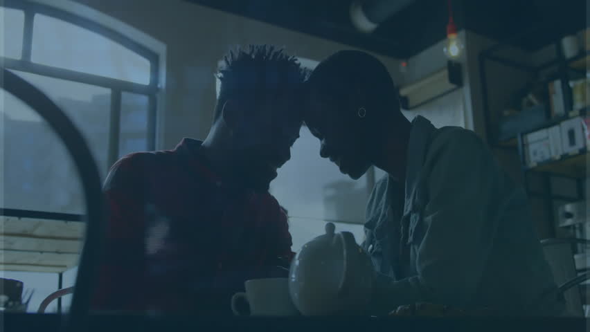 Couple enjoying coffee at cafe with digital data animation overlay. Technology, interaction, beverage, communication, modern lifestyle - Powered by Shutterstock - Get 15% off with code: PIKWIZARD15