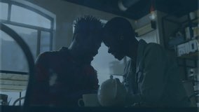 Couple enjoying coffee at cafe with digital data animation overlay. Technology, interaction, beverage, communication, modern lifestyle - Powered by Shutterstock - Get 15% off with code: PIKWIZARD15