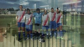 Youth soccer team posing over financial data and stock market chart animation. Sports, teamwork, economy, investment, analysis, success - Powered by Shutterstock - Get 15% off with code: PIKWIZARD15