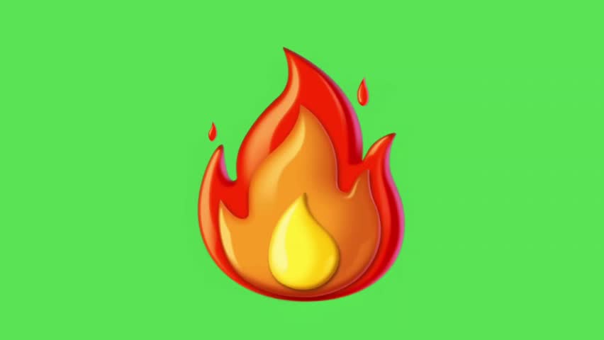 3D fire flame emoji on green isolated background in animated video 