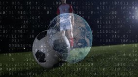 Earth and soccer ball over binary code and financial data animation. Finance, technology, globalization, sports, investment, economy - Powered by Shutterstock - Get 15% off with code: PIKWIZARD15