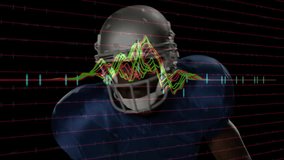 Football player with animation of fluctuating graphs overlay on data visualization. Sports, technology, analytics, performance, innovation, motion - Powered by Shutterstock - Get 15% off with code: PIKWIZARD15