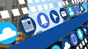 Animation of digital icons floating over skyscrapers, showcasing technology and communication. innovation, futuristic, network, urban, cityscape, connectivity - Powered by Shutterstock - Get 15% off with code: PIKWIZARD15