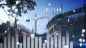 In construction site, animation of data analytics and graphs overlaying cranes. technology, innovation, infrastructure, progress, development - Powered by Shutterstock - Get 15% off with code: PIKWIZARD15