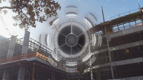 Construction site with scaffolding, futuristic data interface animation overlaying trees. architecture, technology, innovation, digital, infrastructure, development - Powered by Shutterstock - Get 15% off with code: PIKWIZARD15