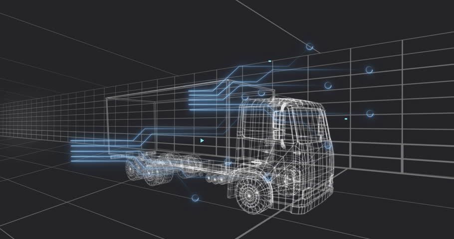 Animation of futuristic wireframe truck with digital data elements in school project. Technology, innovation, transport, visualization