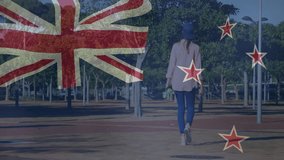 Person walking in park with New Zealand flag overlay animation. Patriotism, national pride, outdoors, landscape, nature, unity - Powered by Shutterstock - Get 15% off with code: PIKWIZARD15