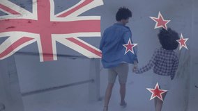 Walking hand in hand, people with animation of New Zealand flag overlay. Unity, diversity, patriotism, international, multicultural, solidarity - Powered by Shutterstock - Get 15% off with code: PIKWIZARD15