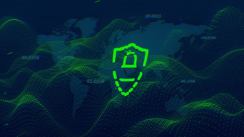 Animation of digital lock and shield icon over global network data visualization. Cybersecurity, encryption, protection, technology, security, internet - Powered by Shutterstock - Get 15% off with code: PIKWIZARD15