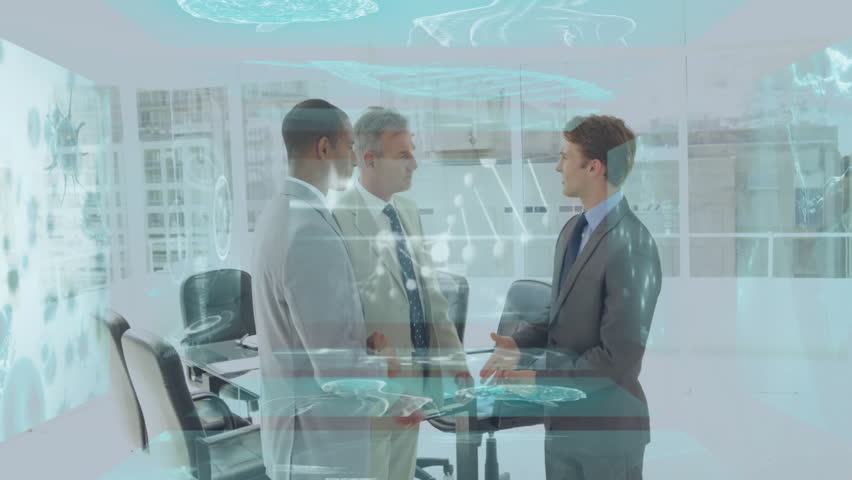 Business professionals shaking hands with digital data processing animation overlay. handshake, technology, networking, agreement - Powered by Shutterstock - Get 15% off with code: PIKWIZARD15
