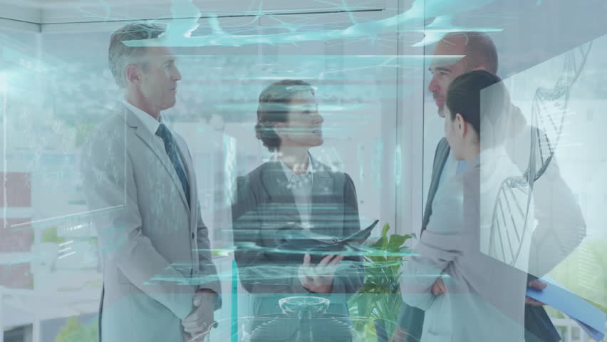 Discussing digital data processing, business professionals collaborating in modern office. Collaboration, teamwork, technology, innovation, brainstorming, strategy - Powered by Shutterstock - Get 15% off with code: PIKWIZARD15