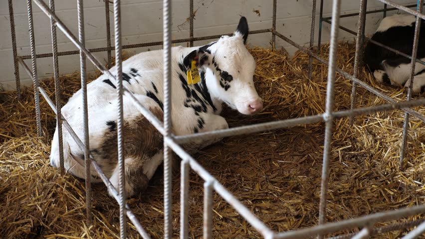 A small black and white calf with yellow tags in its ears lies on hay in a cage on a dairy farm. Calves in the cowshed.