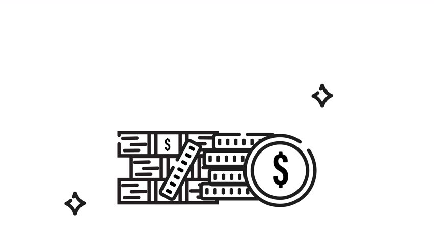 A seamless looping animation with an alpha channel featuring stacks of cash, gold coins, and a rising financial graph. This clean outline animation symbolizes financial success, investment growth.