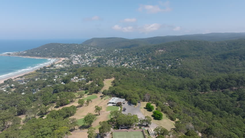 AERIAL Popular Coastal Australian Town Along Great Ocean Road, Victoria